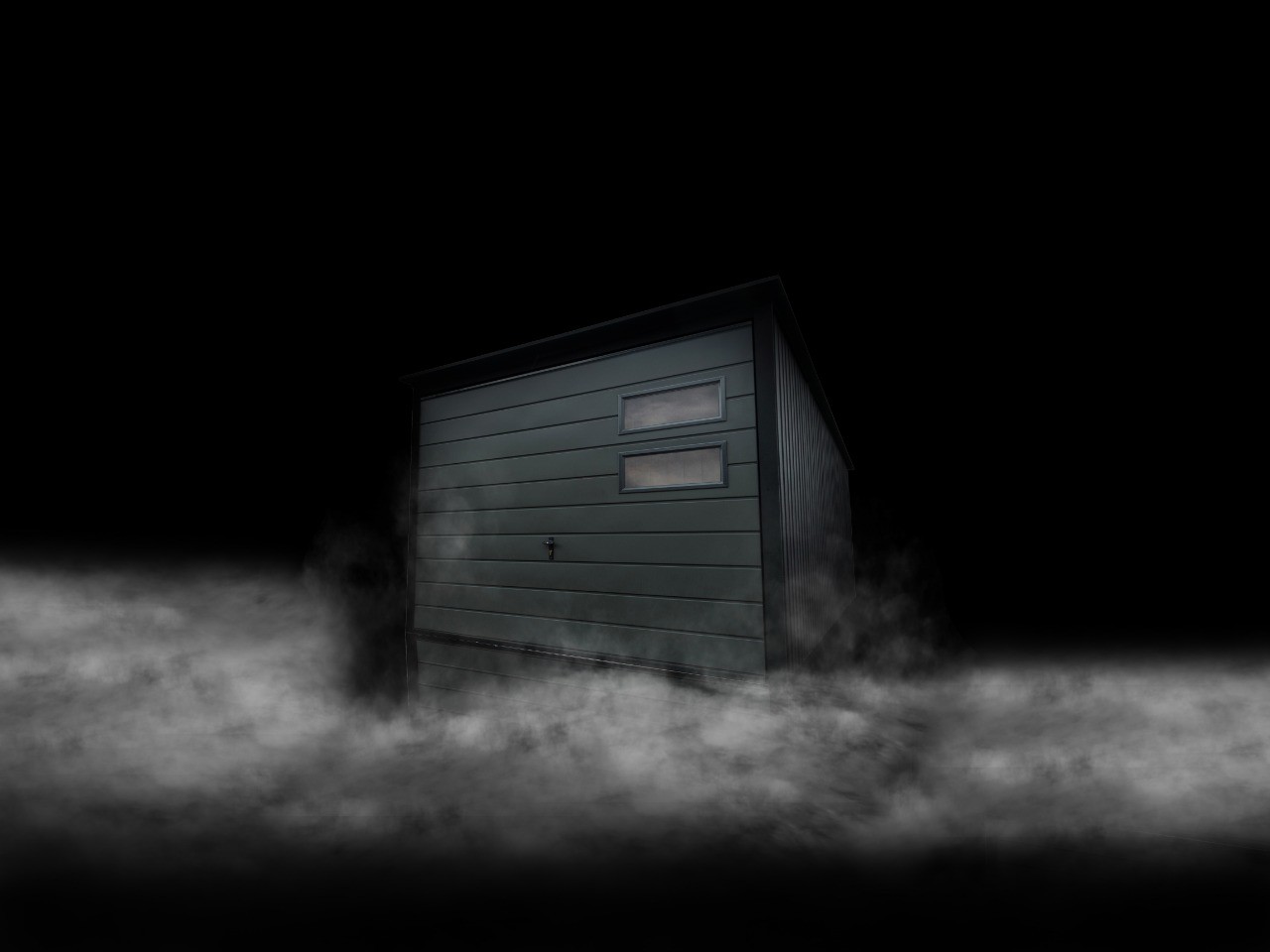 Dark garage emerging from mist