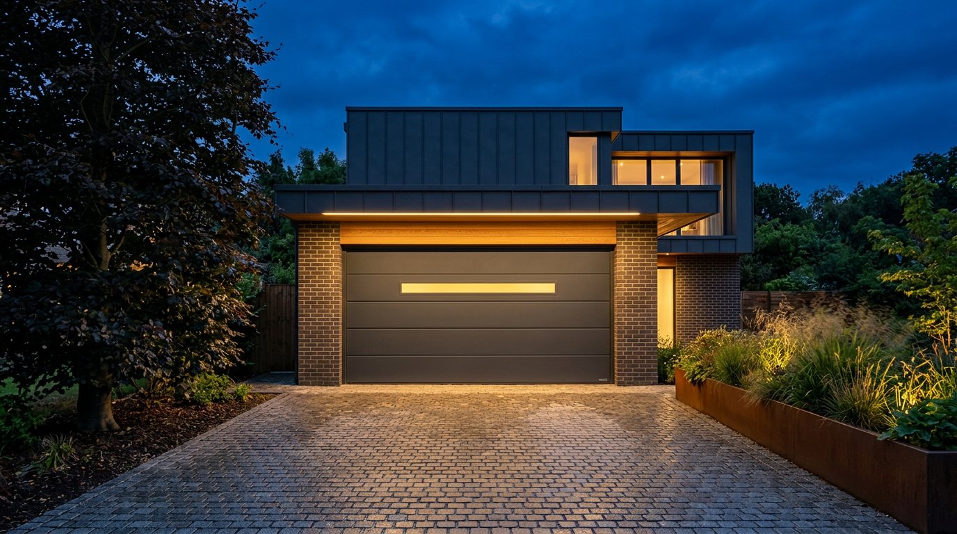 The same house at blue hour, a line of light glowing across the garage door