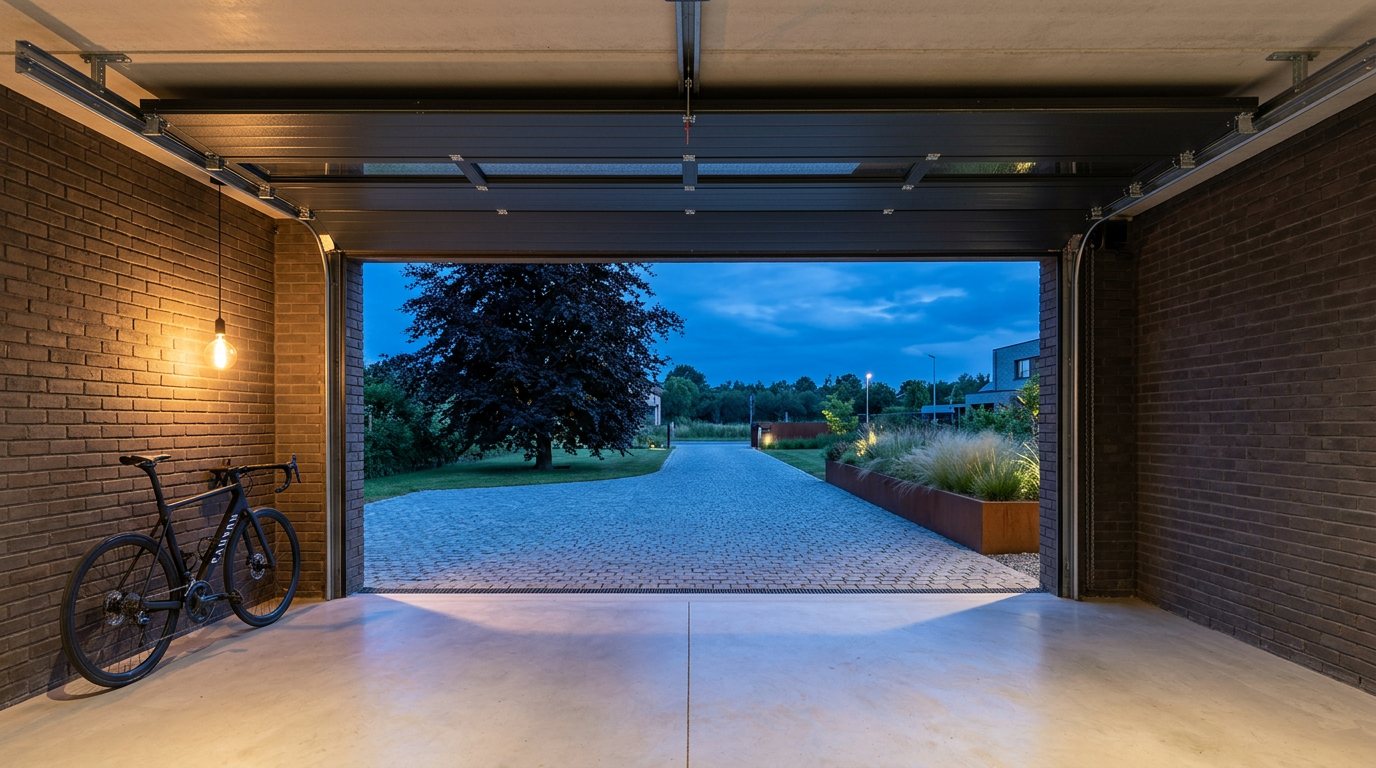 Looking out from inside a garage through an open sectional door, a bicycle against the brick wall