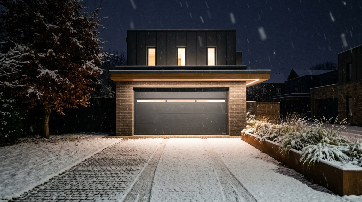 A dark garage door glowing softly at night in falling snow